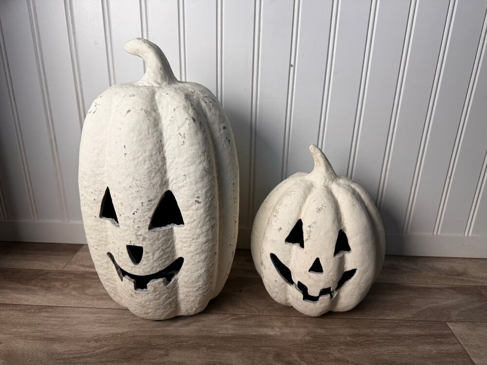 Jack-O-Lantern Pumpkin White Set Hollow Retro Halloween Decor Used 13" & 8.5
